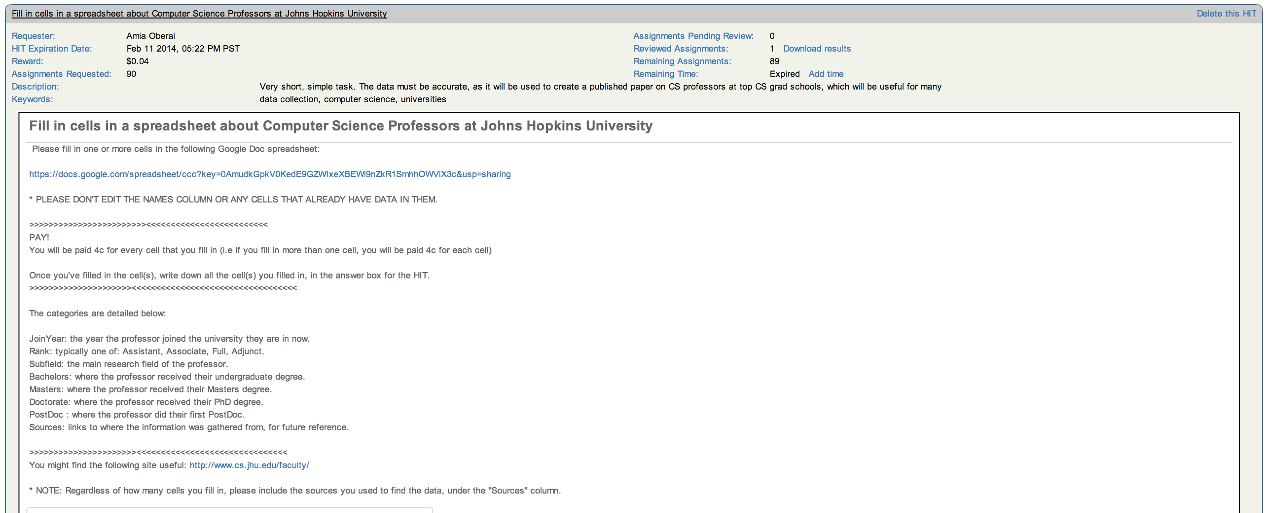 John Hopkins Request