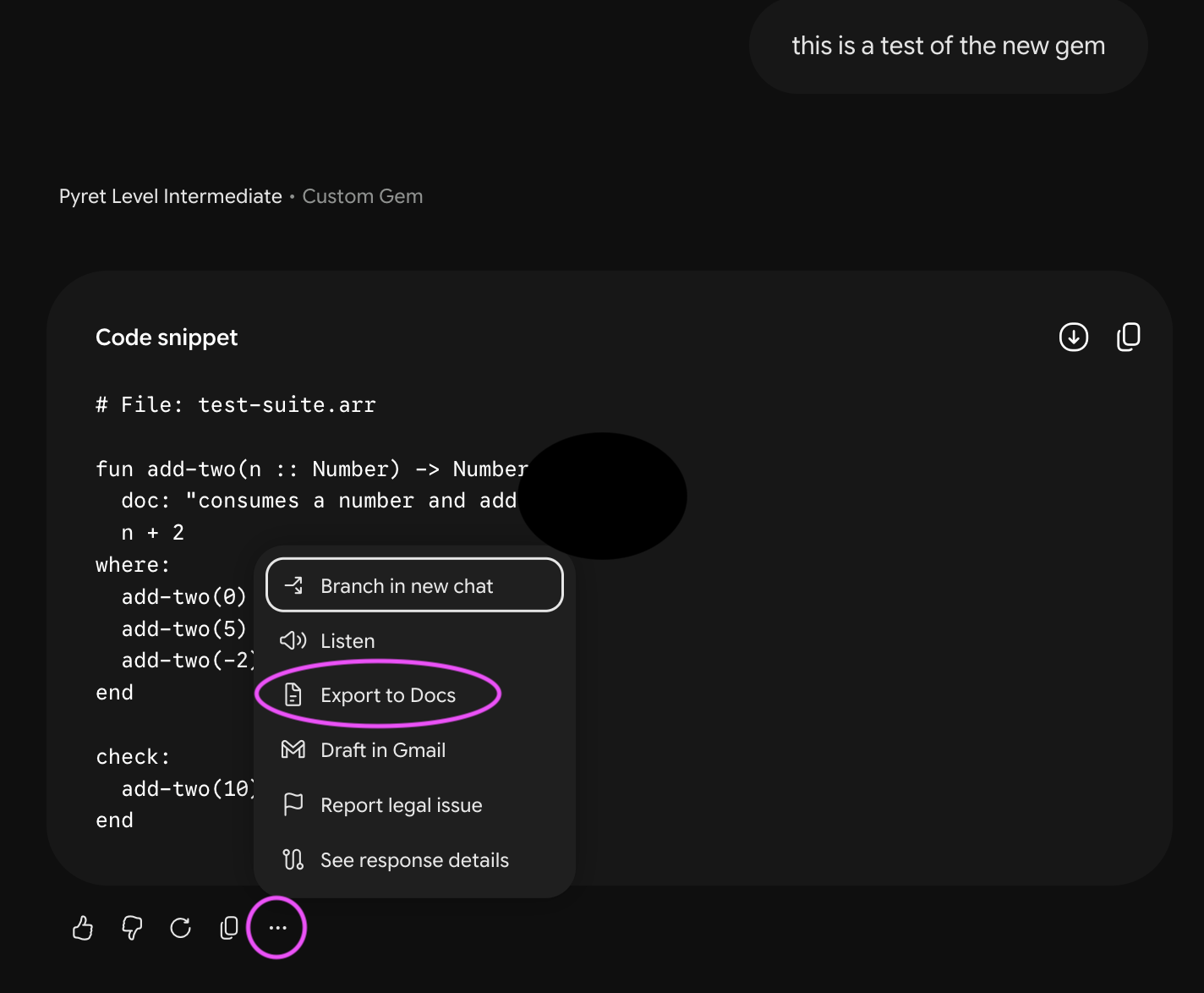 A Gemini chat showing a Pyret code snippet. Below the response, the three-dots button is circled, and the menu it opens is circled on the "Export to Docs" item, which sits between "Listen" and "Draft in Gmail".