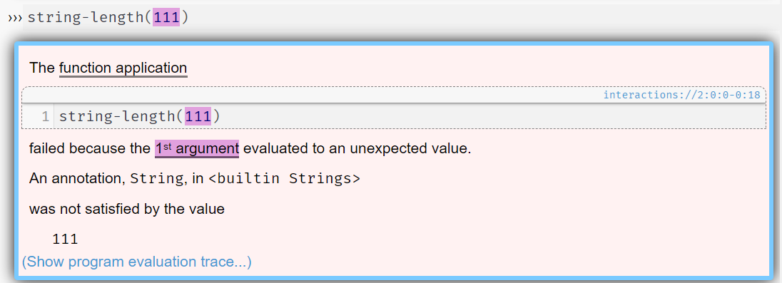 Pyret error message reporting that string-length expected a String as its first argument but was given the number 111.