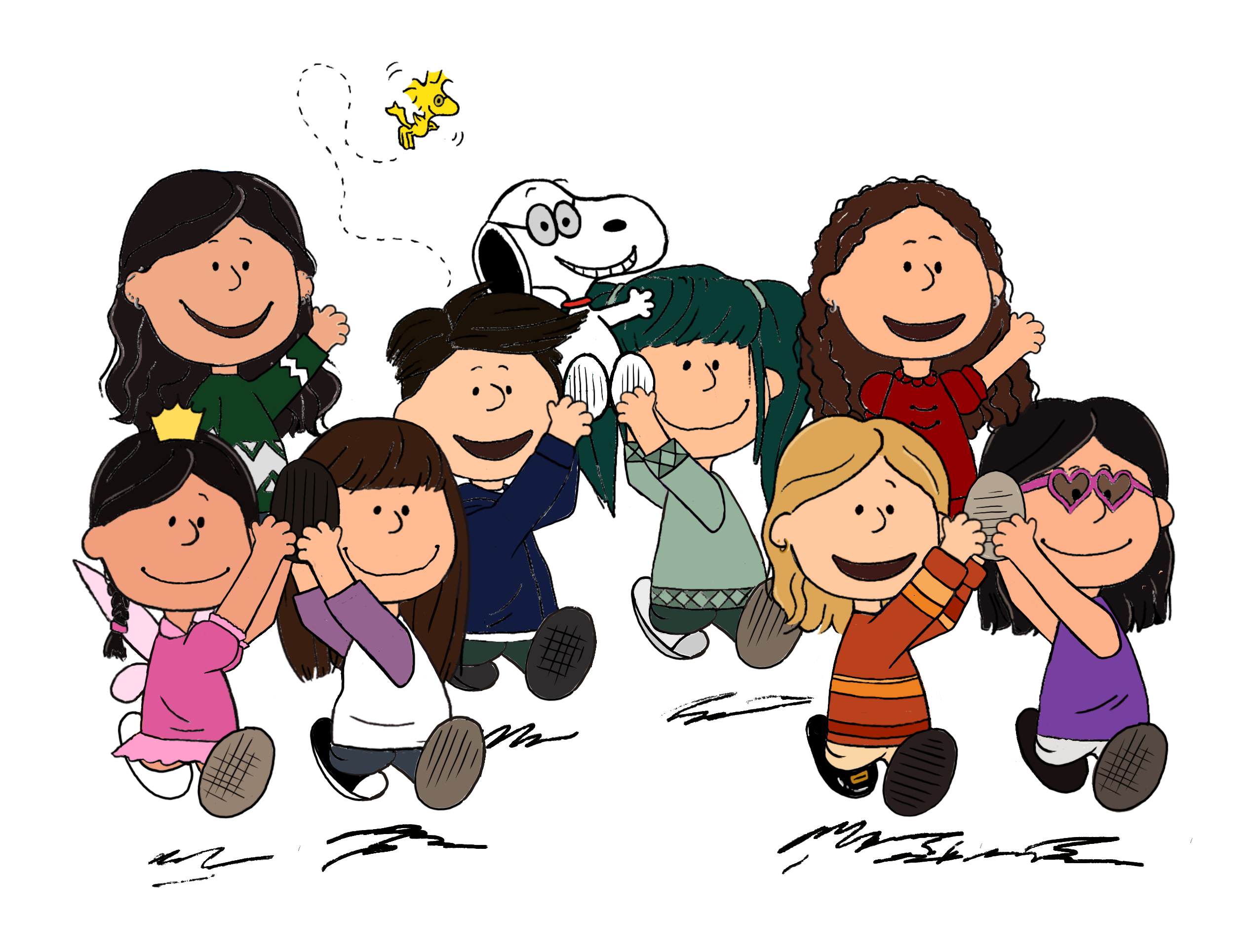 Group of staff drawn as Peanut-style characters