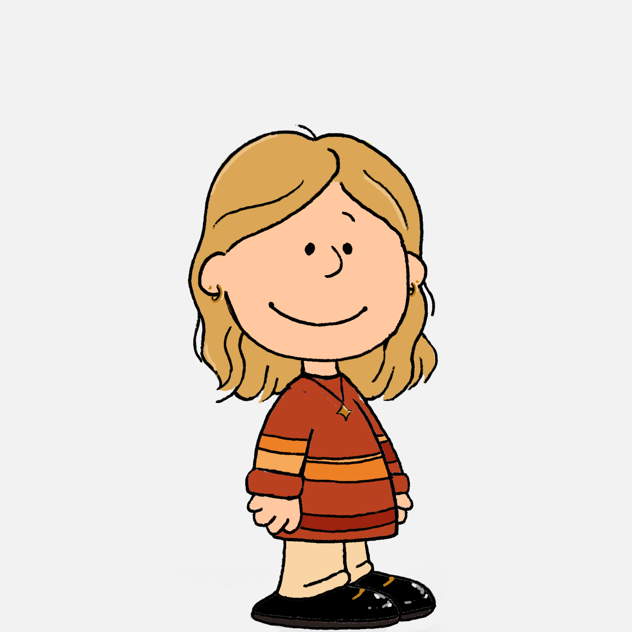 Peanuts-style character wearing an orange sweater and shiny black shoes. She is smiling!