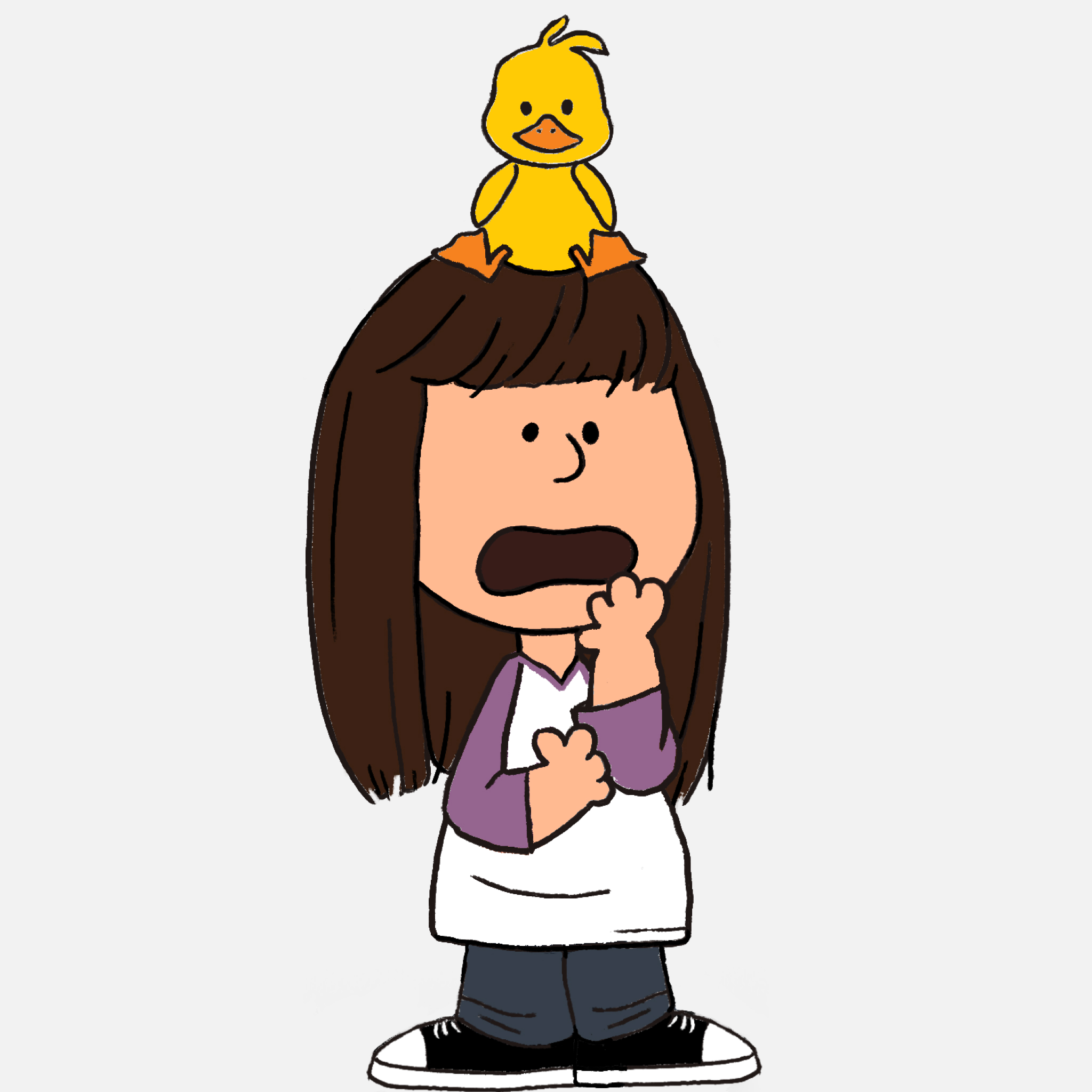 Peanuts-style character with a purple and white shirt, jeans, and a duck on her head.