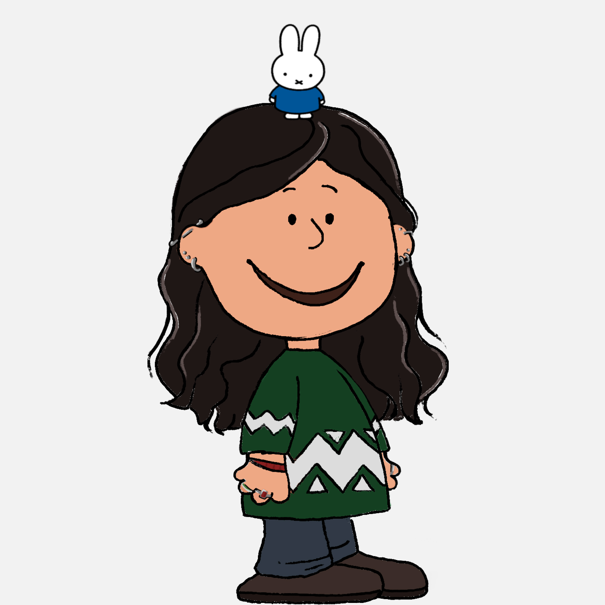 Peanuts-style character with a bunny on her head.