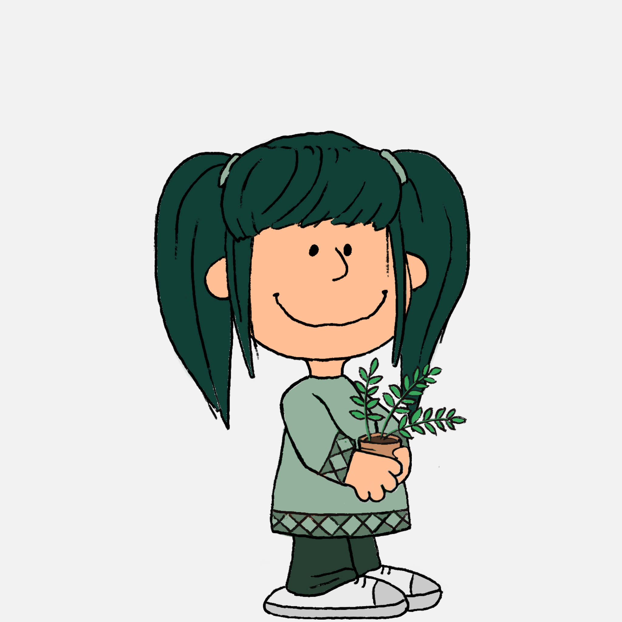 Peanuts-style character with green pigtails wearing a green outfit holding a Fern.