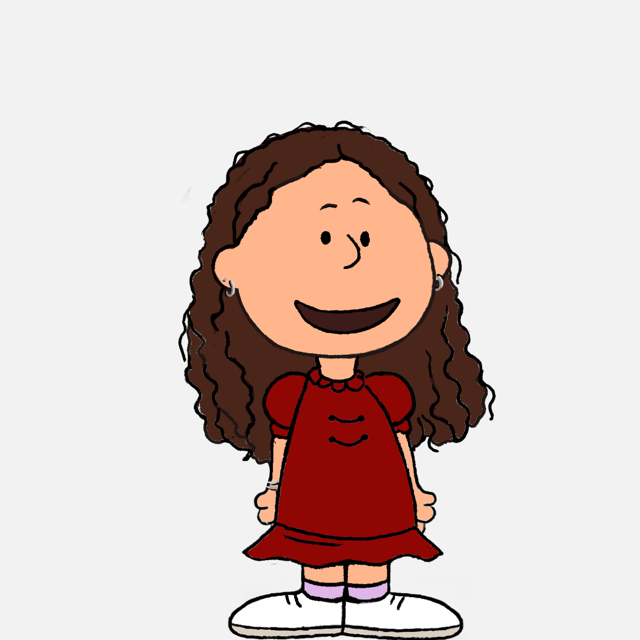Peanuts-style character wearing a red dress.