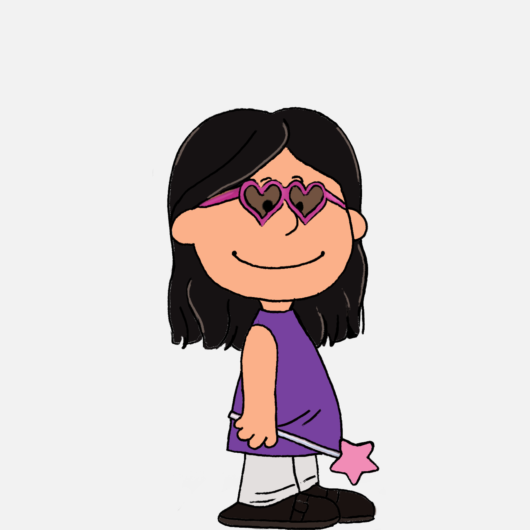 Peanuts-style character wearing a purple dress and pink heart sunglasses.