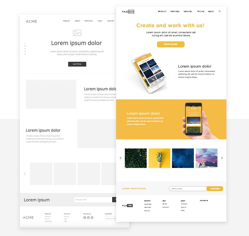 wireframe and mockup example of a web app