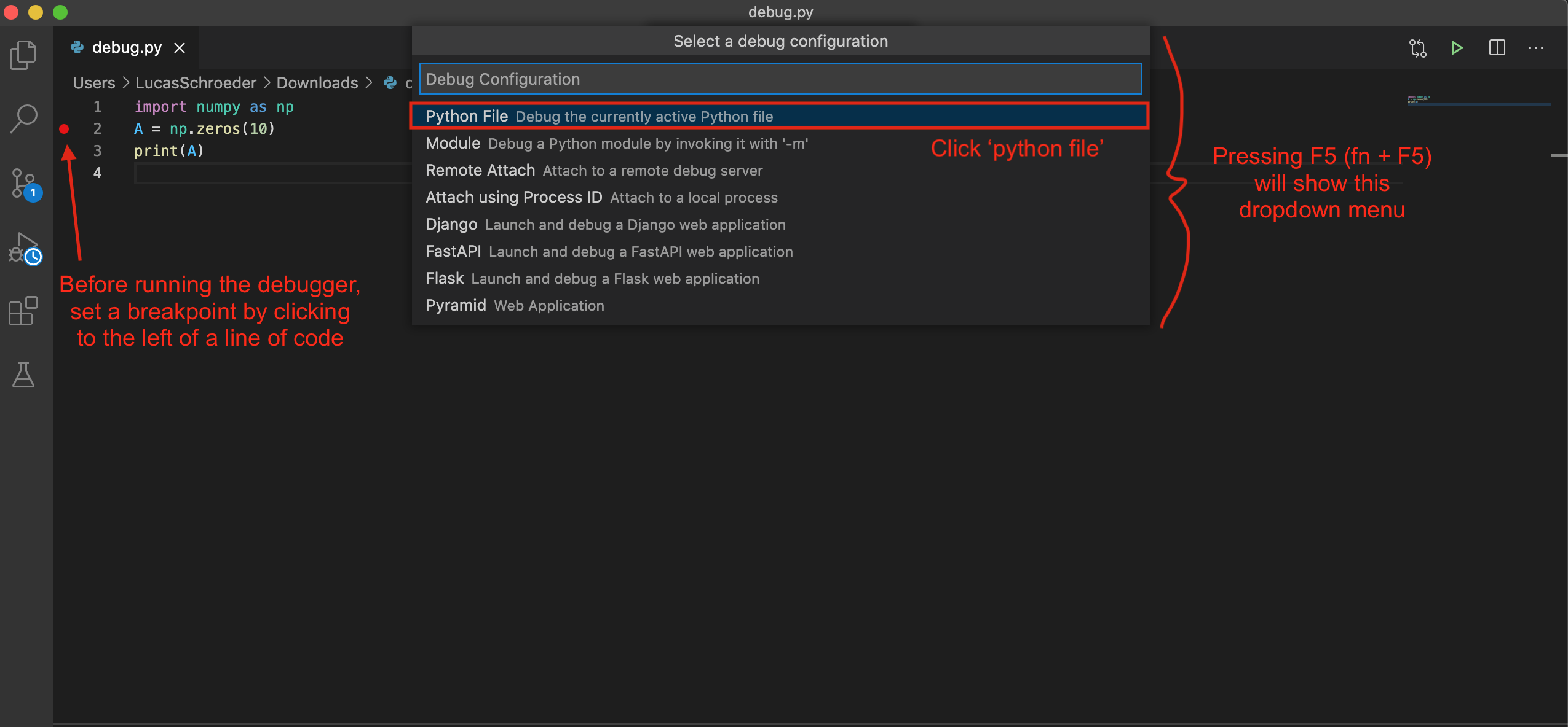 VS Code dropdown menu with "Python File" option highlighted
