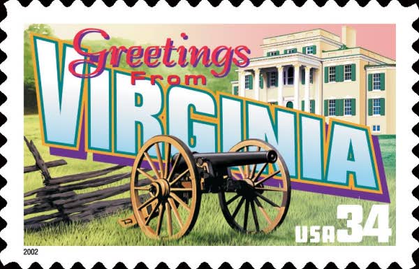 Virginia stamp with plantation house and cannon