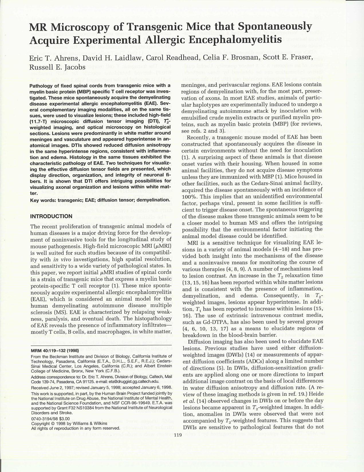 {MR} Microscopy of Transgenic Mice that Spontaneously Aquire Experimental Allergic Encephalomyelitis